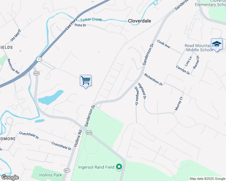 map of restaurants, bars, coffee shops, grocery stores, and more near 100 Altamira Drive in Roanoke