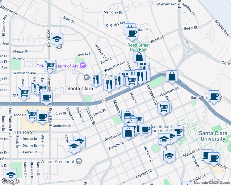 map of restaurants, bars, coffee shops, grocery stores, and more near 1212 El Camino Real in Santa Clara
