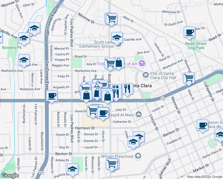map of restaurants, bars, coffee shops, grocery stores, and more near 1960 Hillebrant Place in Santa Clara