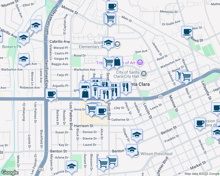 map of restaurants, bars, coffee shops, grocery stores, and more near 1960 Hillebrant Place in Santa Clara