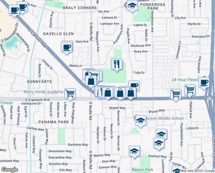 map of restaurants, bars, coffee shops, grocery stores, and more near 929 East El Camino Real in Sunnyvale