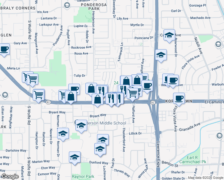 map of restaurants, bars, coffee shops, grocery stores, and more near 1201 Sycamore Terrace in Sunnyvale