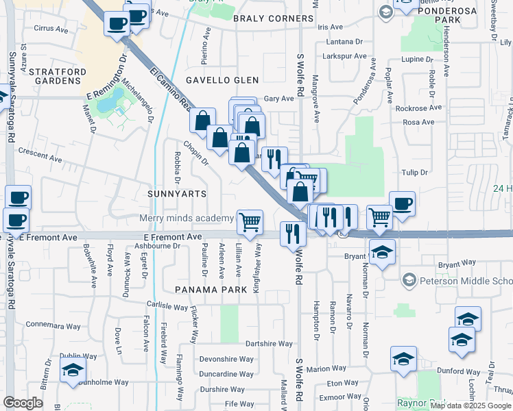 map of restaurants, bars, coffee shops, grocery stores, and more near 870 East El Camino Real in Sunnyvale
