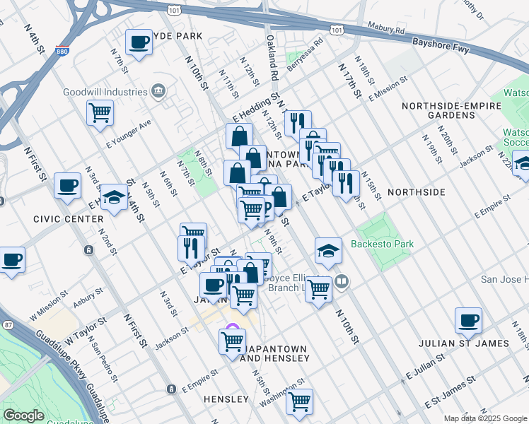 map of restaurants, bars, coffee shops, grocery stores, and more near 692 North 9th Street in San Jose