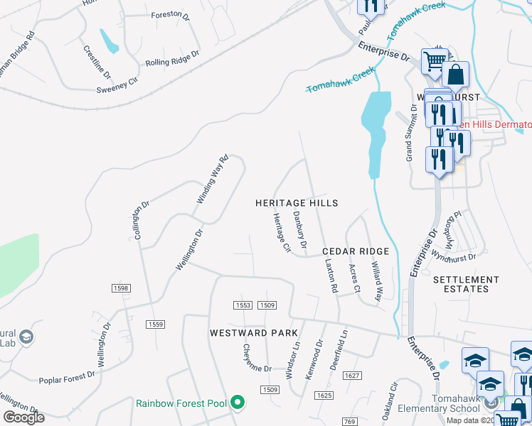 map of restaurants, bars, coffee shops, grocery stores, and more near 1727 Heritage Circle in Lynchburg