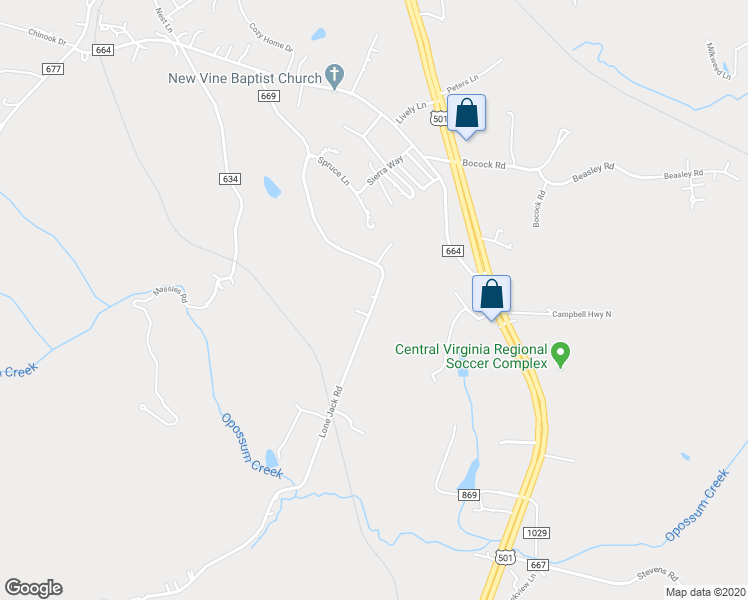 map of restaurants, bars, coffee shops, grocery stores, and more near 2140 Lone Jack Road in Lynchburg