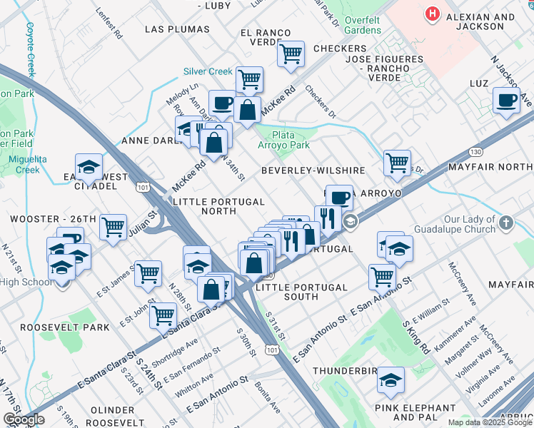 map of restaurants, bars, coffee shops, grocery stores, and more near 88 Eastwood Court in San Jose