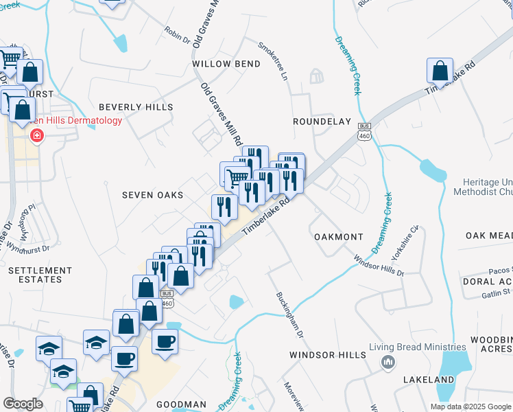 map of restaurants, bars, coffee shops, grocery stores, and more near 125 Old Graves Mill Road in Lynchburg