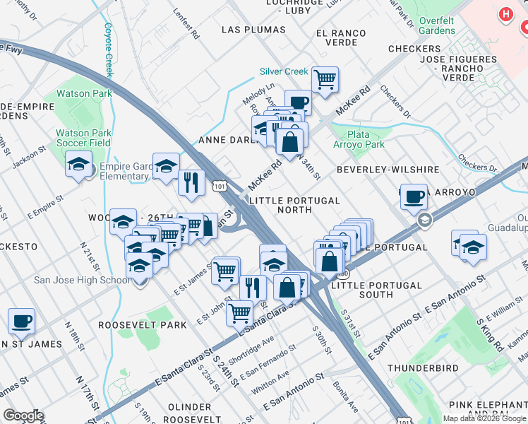 map of restaurants, bars, coffee shops, grocery stores, and more near 195 North 31st Street in San Jose