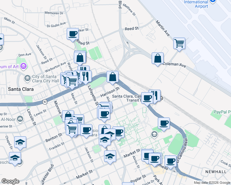 map of restaurants, bars, coffee shops, grocery stores, and more near 759 Fremont Street in Santa Clara
