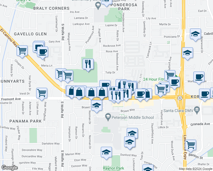 map of restaurants, bars, coffee shops, grocery stores, and more near 1025 East El Camino Real in Sunnyvale