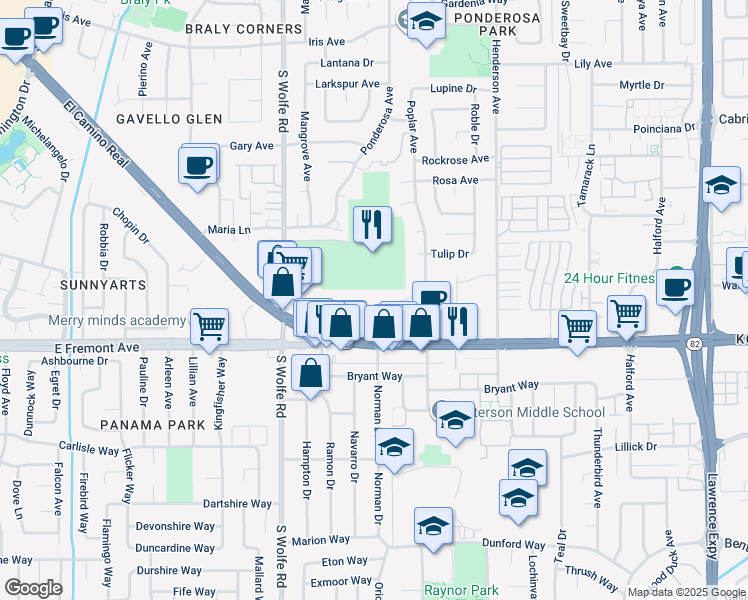 map of restaurants, bars, coffee shops, grocery stores, and more near 965 East El Camino Real in Sunnyvale