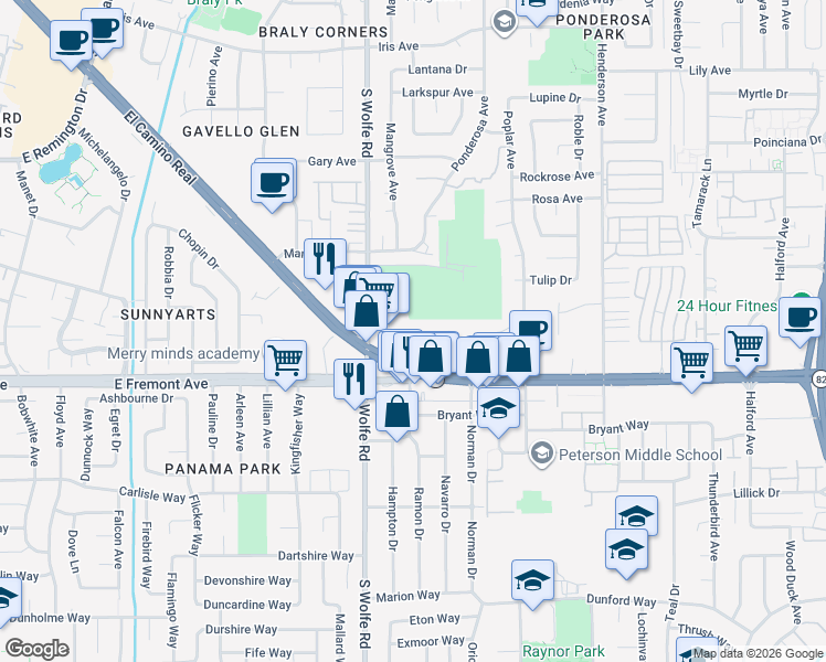 map of restaurants, bars, coffee shops, grocery stores, and more near 915 California 82 in Sunnyvale