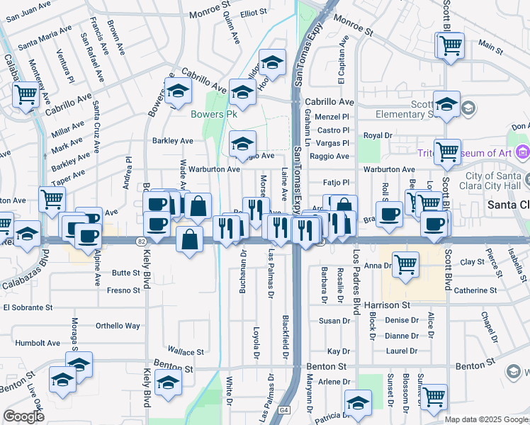 map of restaurants, bars, coffee shops, grocery stores, and more near Robinson Avenue & Morse Lane in Santa Clara