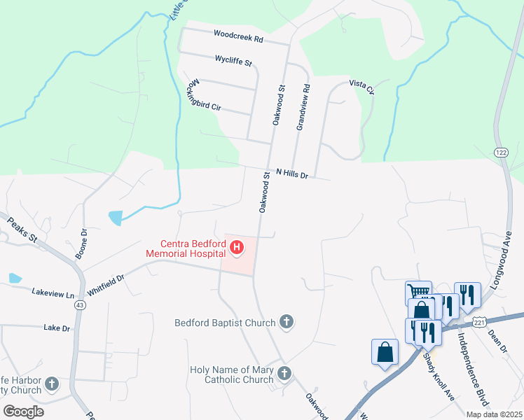 map of restaurants, bars, coffee shops, grocery stores, and more near Oakwood Street in Bedford