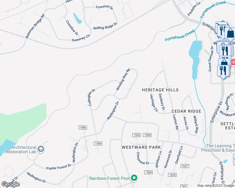 map of restaurants, bars, coffee shops, grocery stores, and more near 254 Winding Way Road in Lynchburg