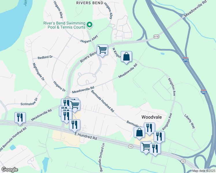 map of restaurants, bars, coffee shops, grocery stores, and more near 401 Meadowville Road in Chester