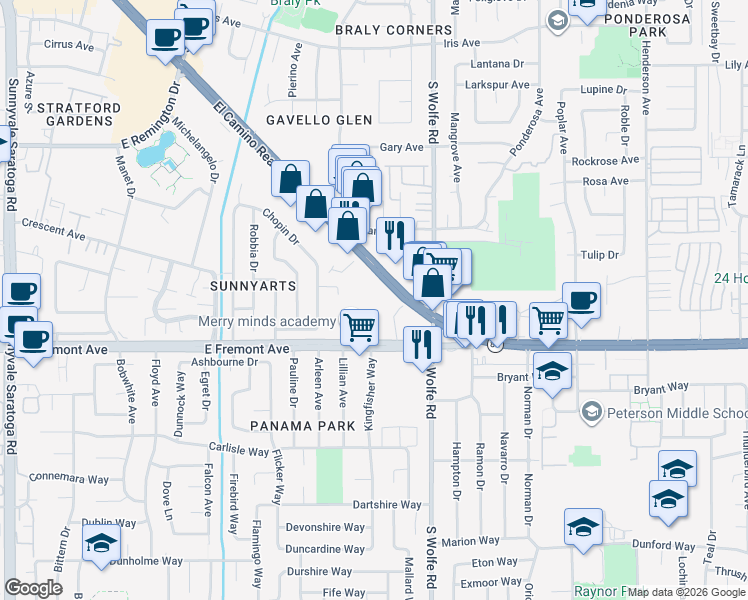 map of restaurants, bars, coffee shops, grocery stores, and more near 874 East El Camino Real in Sunnyvale