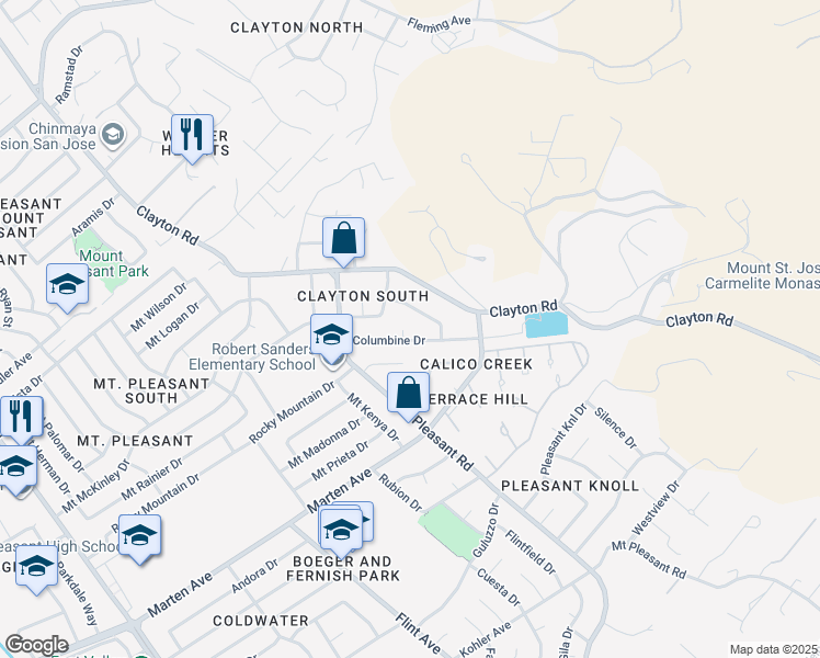 map of restaurants, bars, coffee shops, grocery stores, and more near 3549 Columbine Drive in San Jose