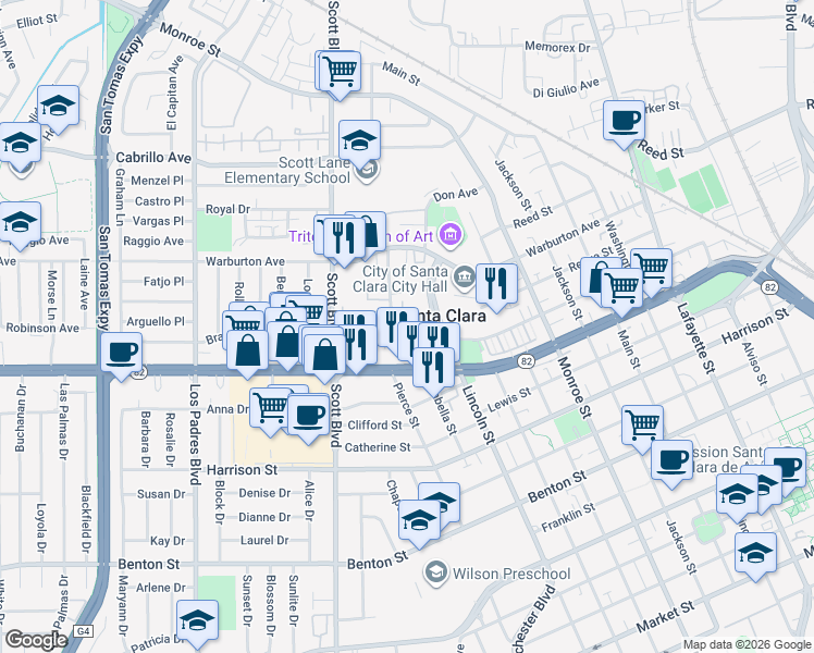 map of restaurants, bars, coffee shops, grocery stores, and more near 1695 Lincoln Street in Santa Clara
