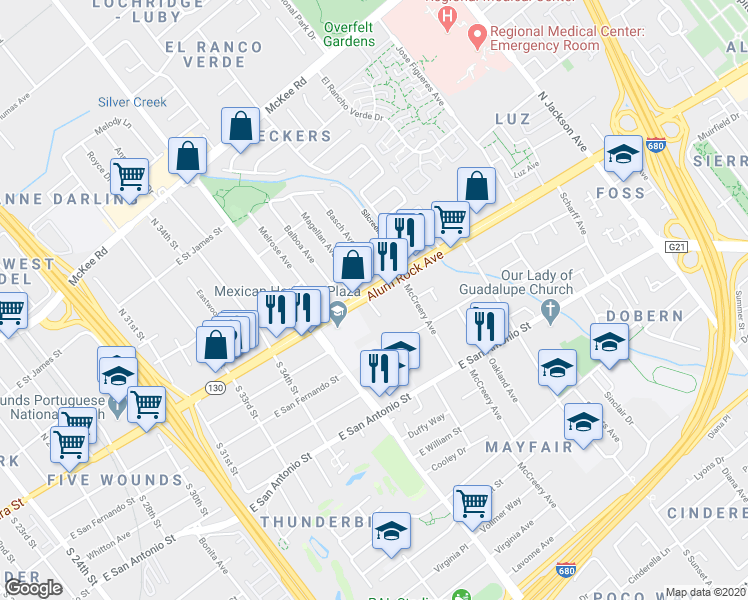 map of restaurants, bars, coffee shops, grocery stores, and more near 1820 Alum Rock Avenue in San Jose