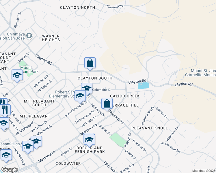 map of restaurants, bars, coffee shops, grocery stores, and more near 3549 Columbine Drive in San Jose