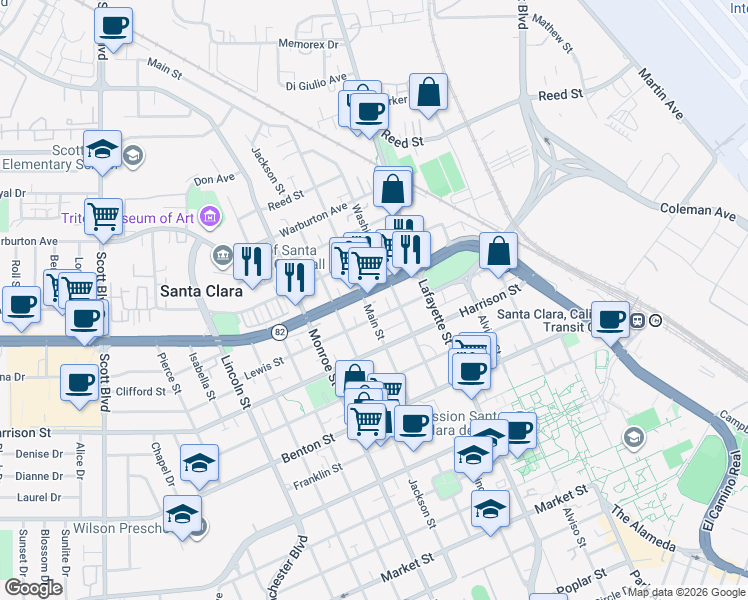 map of restaurants, bars, coffee shops, grocery stores, and more near 1461 Main Street in Santa Clara