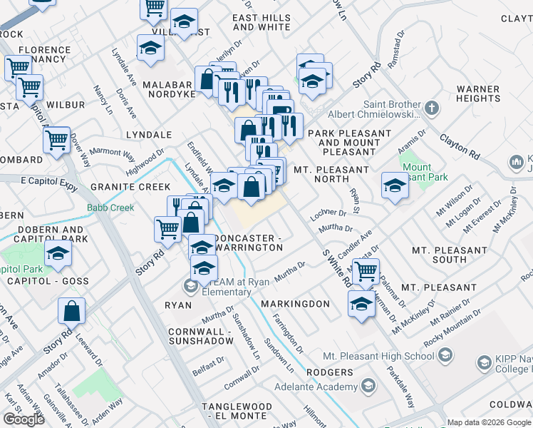 map of restaurants, bars, coffee shops, grocery stores, and more near 3054 Story Road in San Jose