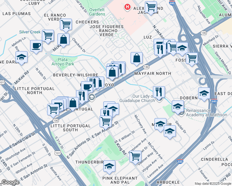 map of restaurants, bars, coffee shops, grocery stores, and more near 1918 Alum Rock Avenue in San Jose