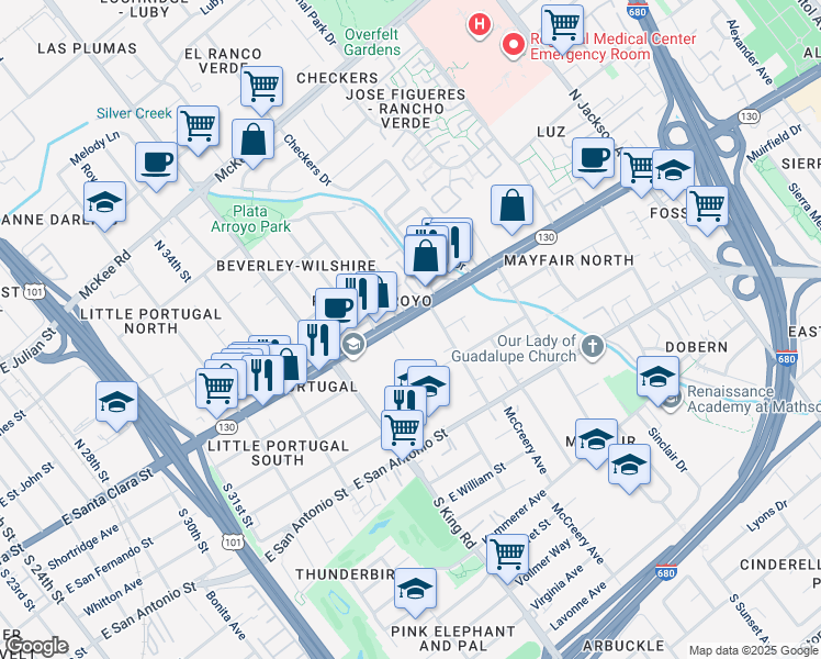 map of restaurants, bars, coffee shops, grocery stores, and more near 1897 Alum Rock Avenue in San Jose