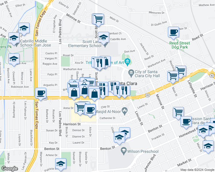 map of restaurants, bars, coffee shops, grocery stores, and more near 1690 Civic Center Drive in Santa Clara