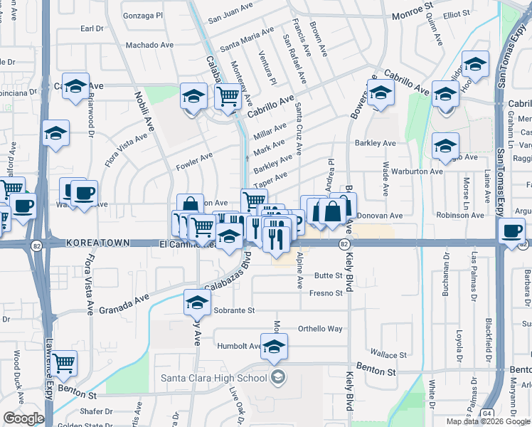 map of restaurants, bars, coffee shops, grocery stores, and more near 3115 Warburton Avenue in Santa Clara
