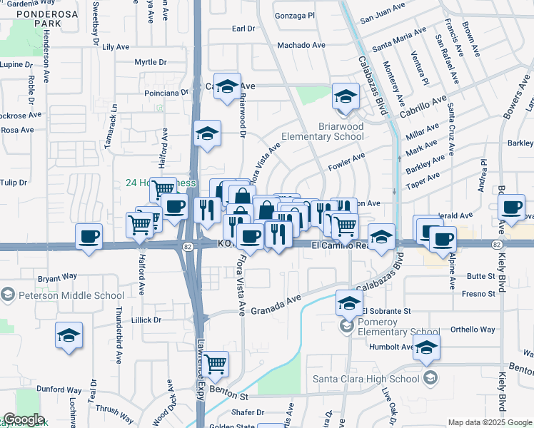 map of restaurants, bars, coffee shops, grocery stores, and more near 3493 San Marcos Way in Santa Clara