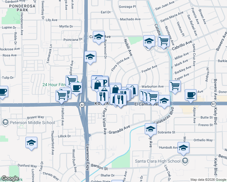 map of restaurants, bars, coffee shops, grocery stores, and more near 3493 San Marcos Way in Santa Clara