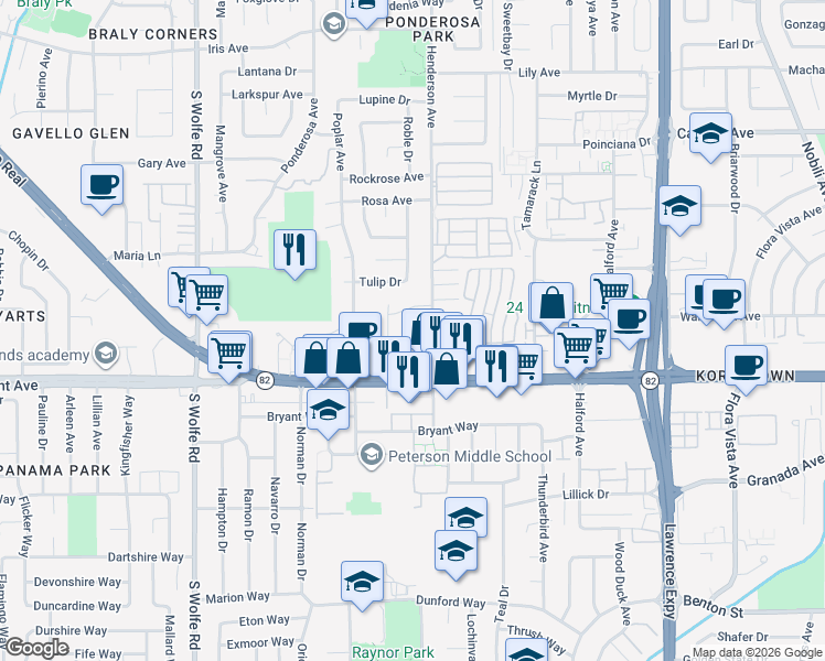 map of restaurants, bars, coffee shops, grocery stores, and more near 1033 Valerian Way in Sunnyvale