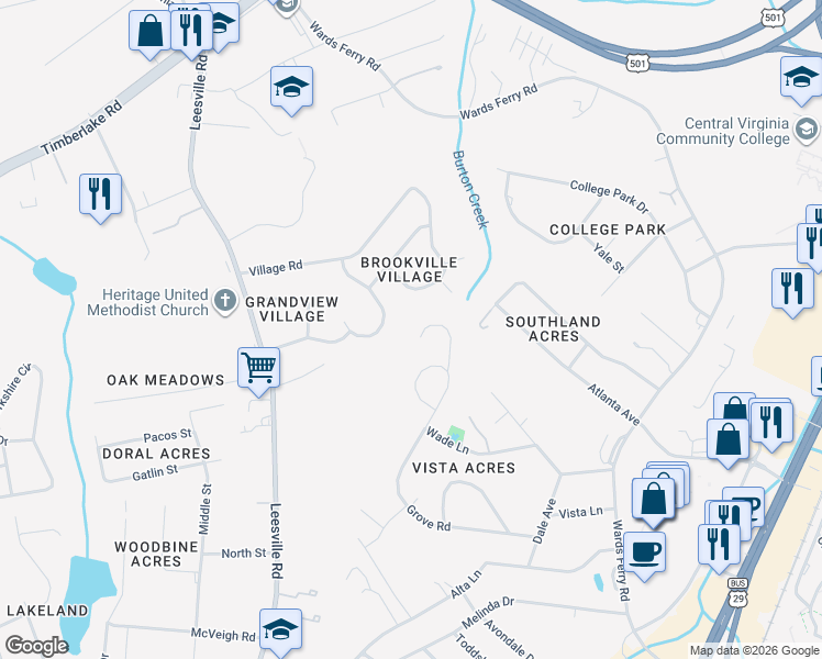 map of restaurants, bars, coffee shops, grocery stores, and more near 207 Stonehouse Drive in Lynchburg
