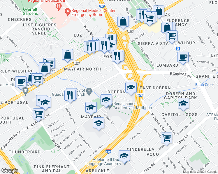 map of restaurants, bars, coffee shops, grocery stores, and more near in San Jose