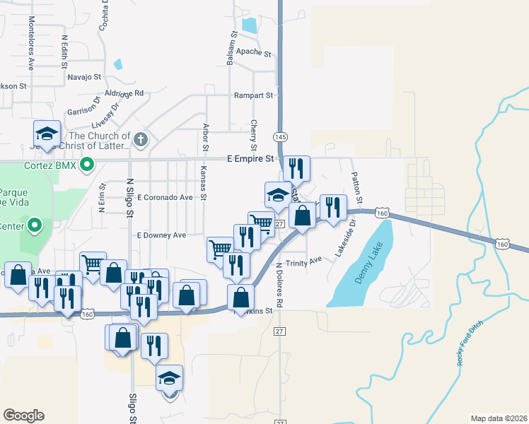 map of restaurants, bars, coffee shops, grocery stores, and more near 531 North Dolores Road in Cortez