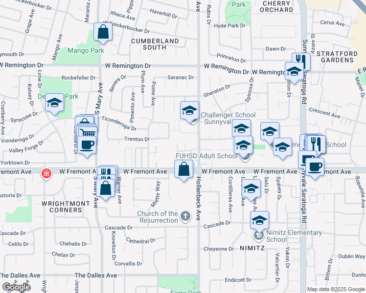 map of restaurants, bars, coffee shops, grocery stores, and more near 725 Winstead Terrace in Sunnyvale