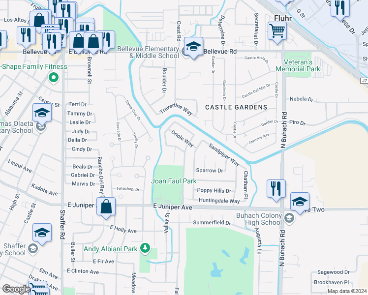 map of restaurants, bars, coffee shops, grocery stores, and more near 749 Woodside Lane in Atwater