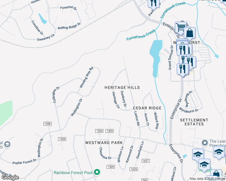 map of restaurants, bars, coffee shops, grocery stores, and more near Heritage Circle in Lynchburg