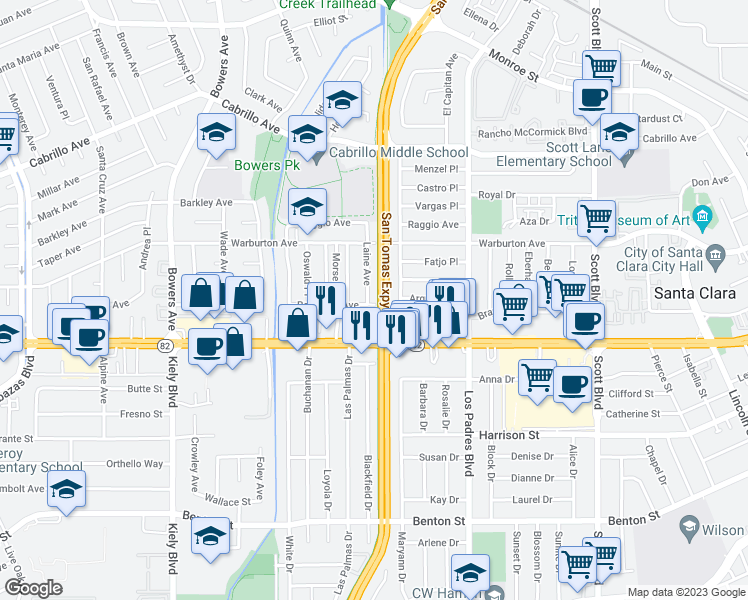 map of restaurants, bars, coffee shops, grocery stores, and more near 1742 Laine Avenue in Santa Clara