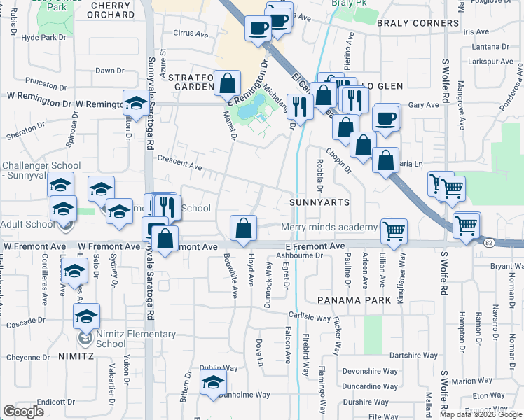 map of restaurants, bars, coffee shops, grocery stores, and more near 1220 Crescent Terrace in Sunnyvale