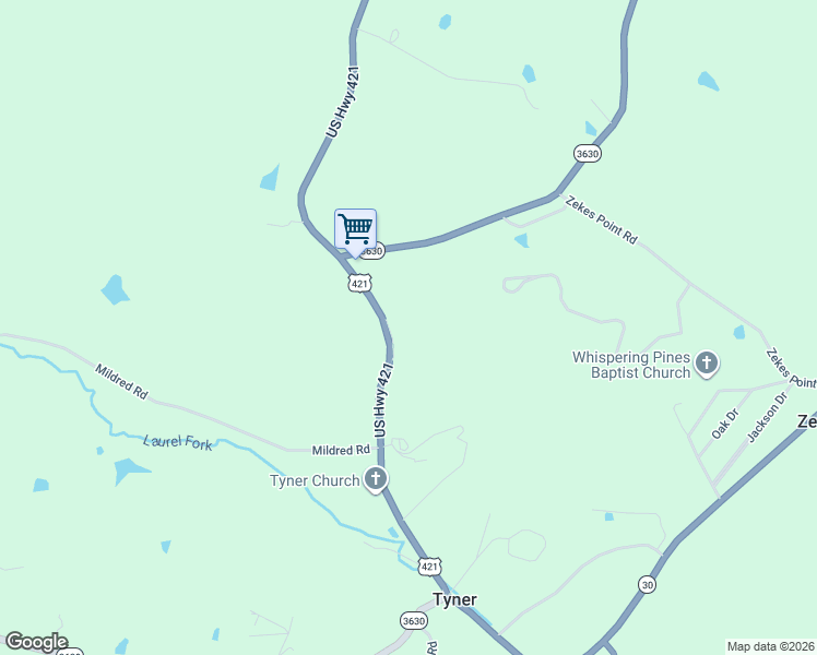 map of restaurants, bars, coffee shops, grocery stores, and more near 11018 U.S. 421 in Tyner