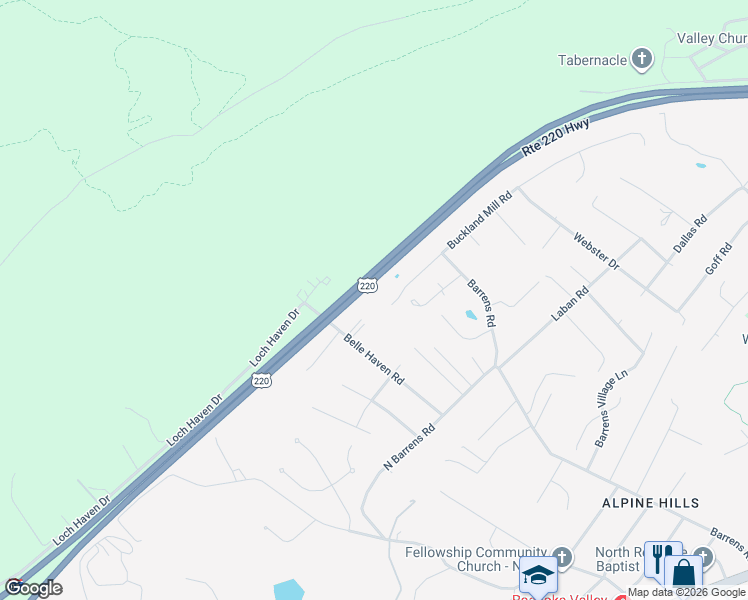 map of restaurants, bars, coffee shops, grocery stores, and more near Interstate 81 in Hollins