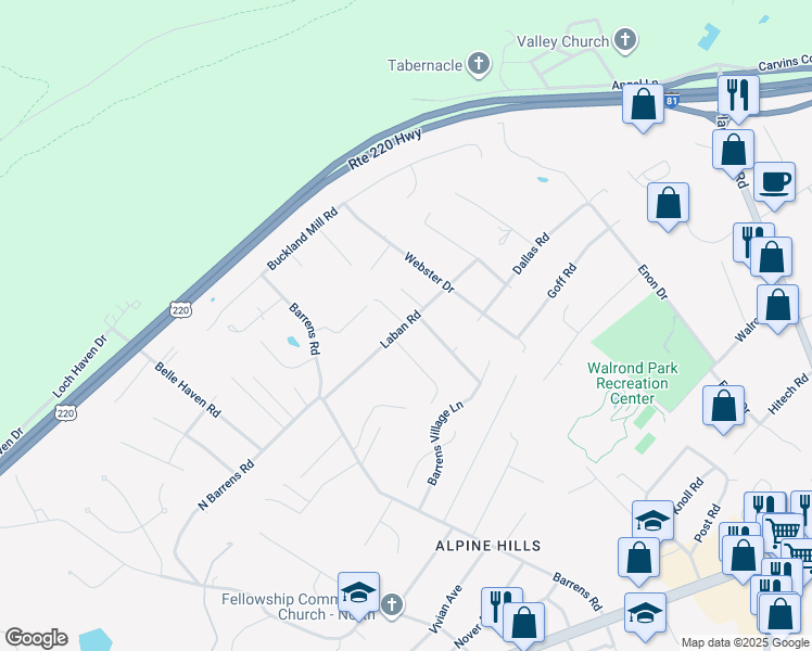 map of restaurants, bars, coffee shops, grocery stores, and more near 6629 Laban Road in Hollins