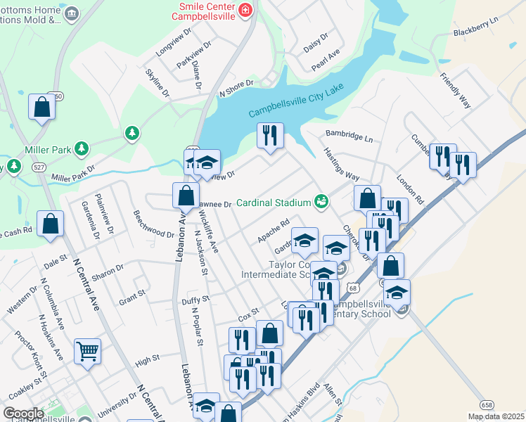 map of restaurants, bars, coffee shops, grocery stores, and more near 609 Osage Avenue in Campbellsville