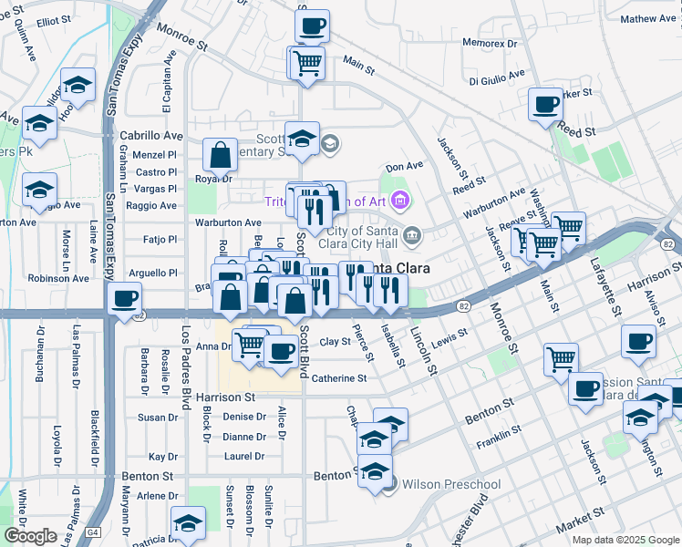 map of restaurants, bars, coffee shops, grocery stores, and more near 1773 Hillebrant Place in Santa Clara
