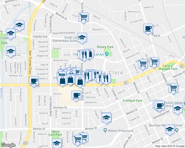 map of restaurants, bars, coffee shops, grocery stores, and more near 1773 Hillebrant Place in Santa Clara
