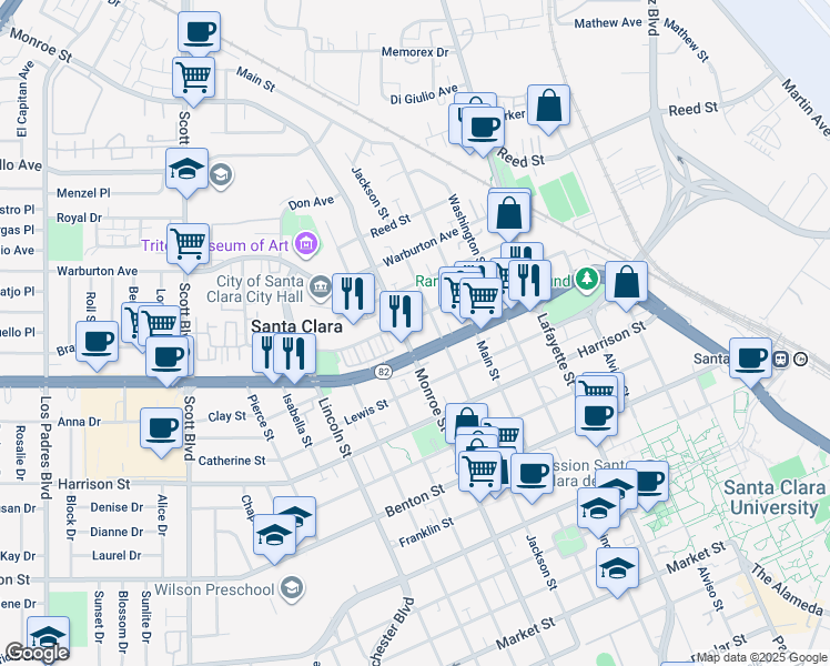 map of restaurants, bars, coffee shops, grocery stores, and more near 1597 Jackson Street in Santa Clara
